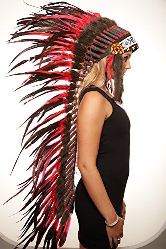 Inspired Native American Indian Headdress War Bonnet Extra Long Size (XH007 (Red Black))
