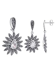 .925 Sterling Silver Pear Shaped Clear Cubic Zirconia and Marcasite Accents Post Back Findings Stud 17mm x 19mm Earrings and 19mm x 22mm Pendant Jewelry Set