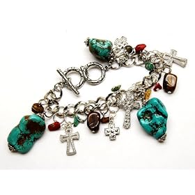 Gorgeous Spiritual Cross Themed Chunky Charm Bracelet Silver Tone with Turquoise & Genuine Semi-Precious Stones ~ Comes Gift Boxed