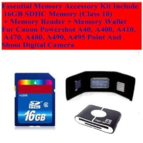 Necessary Memory Accessory Kit Include 16gb Sdhc Memory (Class 10) + Memory Reader + Memory Wallet for Canon Powershot A40, A400, A410, A470, A480, A490, A495 Point and Shoot Digital Camera