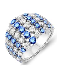 3.25 Carat (ctw) 14k White Gold Round Blue Sapphire & White Diamond Ladies Cocktail Right Hand Ring 3 1/4 CT