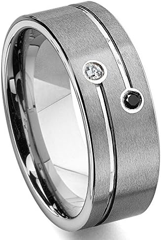 TAO Tungsten Carbide Black &amp; White Diamond Wedding Band Ring Sz 7.5