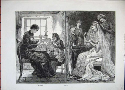 1882 LACE MAKING WOMAN LITTLE GIRL WEDDING DRESS ART