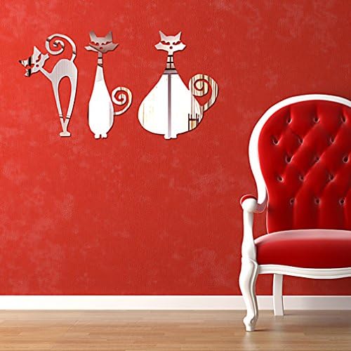 DIY - Do It Yourself New Wall Mirror Stickers, Cats, Made of Acrylic Material Like Mirror, Modern Design for Home Living Room Bedroom Kitchen Baby Child Novelty Luxury Crystal Wall Silent Watch Extra Large Clocks, Silver