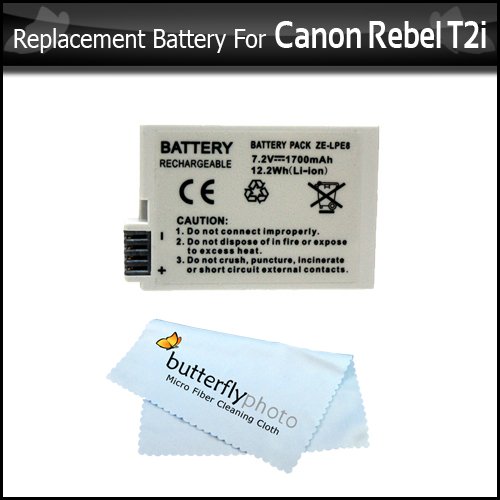 Replacement LP-E8 1700mAh Ultra High Capacity Li-ion Battery Pack for Canon Digital Rebel T2i, EOS 550D, T3i, EOS 600D, Digital SLR Camera + Butterflyphoto MicroFiber Cleaning Cloth