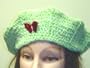 B122, Hand Crocheted Lime Green Chenille and Gimp Tweed Beret with One Rhinestone Butterfly for Women and Teens