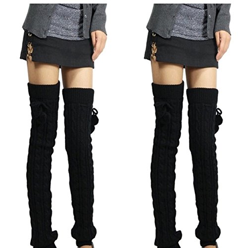 Leg Warmer, V28 Women Ladies Girl Thick Ribbed Cable Knit Trimmed Pompon Soft (2 Pack (Black + Black))