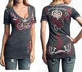 Affliction Sinful Women Lola Short Sleeve Vneck Rose Angel Wings Rhinestone Tee In Black Burnout Wash