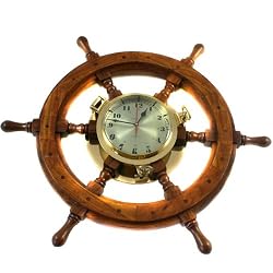 Wood and Brass Nautical Captain's Ships-Wheel Porthole Wall Clock