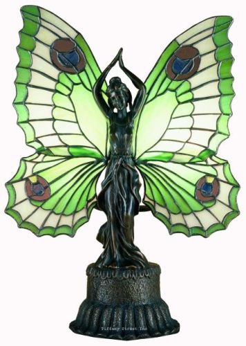 Butterfly Lady Green Accent Tiffany Stained Glass Table Lamp 17 Inches H