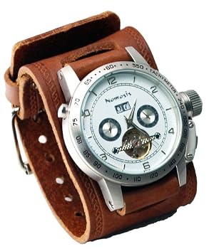 Nemesis #BIN070W Men's Multi Function Open Heart Skeleton Wide Leather Cuff Automatic Watch