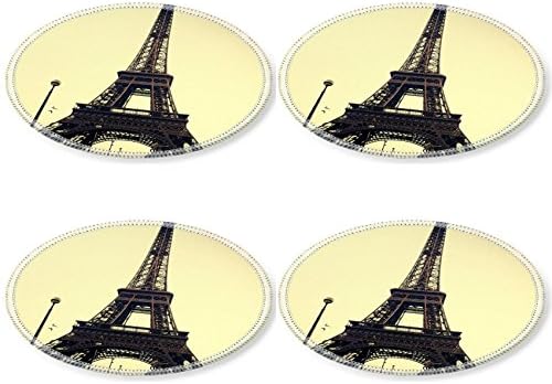 Eiffel Tower France Paris Vintage Punktail's Collections Round Coasters 4 Piece Set Fabric Rubber 5 Inches