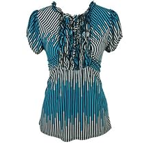 White & Blue Geometric Pattern Smocked Ruffle Neck Top