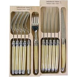 Horn Look Acrylic Ivory Color Laguiole Verdier Heavy Duty Boxed Set of 6 Knives and 6 Forks