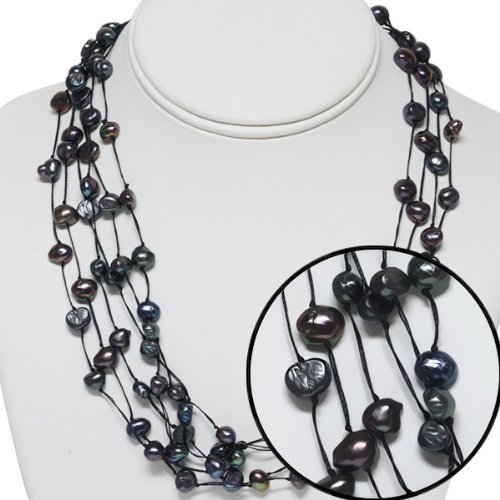 17" Genuine 7-8mm Black Cultured Freshwater Pearl 5 Strand Knotted Necklace