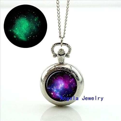 Pretty Lee Fashion Nebula Locket Necklace Glowing Glass Cabochon Jewelry Antique Pocket Watch Necklace