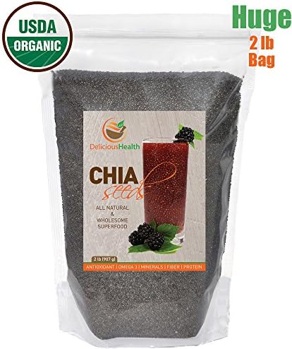DeliciousHealth Organic Chia Seeds - With Highest Nutrition &amp; Health Benefits, All-Natural, Whole Grain, Free of Gluten, Vegan, Non-GMO, Grown without Pesticides and Chemicals on original Mayan grounds of Chia, in Central America - Satisfaction Guaranteed, 2 lb, Bulk
