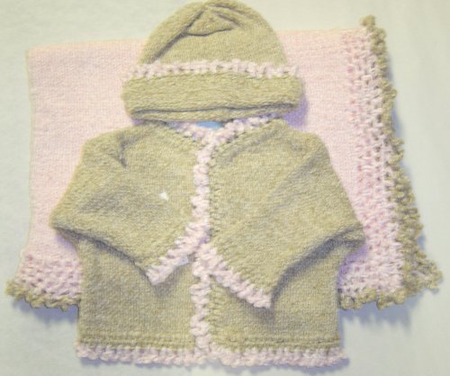 Ck32bk, Knitted on Hand Knitting Machine Finished By Hand Crochet Beige Chenille Baby Pink Chenille Ruffled Infant Girls Cardigan Sweater Hat Set with Contrast Blanket