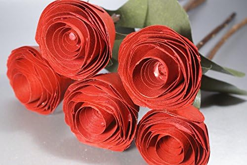 5 Red roses made of wood on tree branch for 5th anniversary, Birthday flowers gift or romantic gift for her. Get well soon gift, traditional present for 5 year marriage