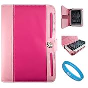 Magenta with Baby Pink Portfolio Jacket Leather Case for Sony PRS-950 e-reader + SumacLife TM Wisdom Courage Wristband