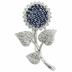 Sterling Silver Simulated Diamond cz and Dark Blue cz SunFlower Pin