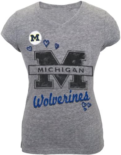 Michigan Wolverines - Glitter Heart Girls Youth T-Shirt - 10 Grey