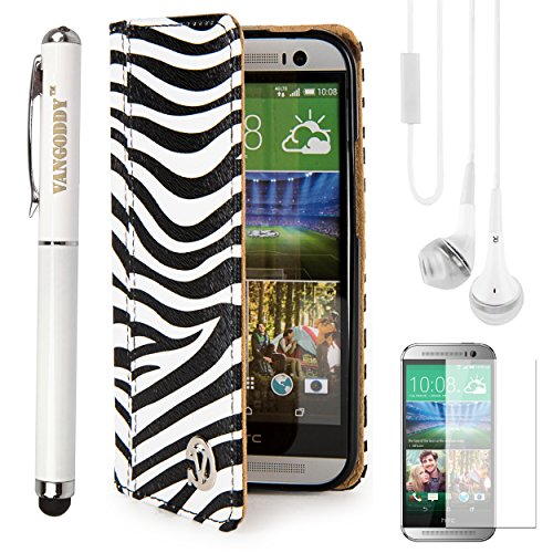 Mary Collection Standing Cell Phone Carrying Case for HTC One M8 + Tempered Glass Screen Protector + 3 in 1 Stylus Pen + White VanGoddy Headphones (Zebra)