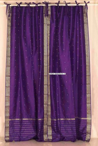 Purple Tie Top / Ribbon Top Purple Silk Sari fabric Drapes, Panels, Curtains Curtain Length: 88 Inches