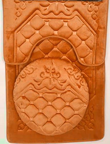3 Piece Orange Memory Foam Flannel Embroidery Design Banded Bath Rug Mat Set 1 Contour Mat 1 Lid Toilet Cover 1 Bath Mat (Orange)