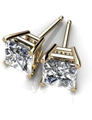 14KT Yellow Gold Ladies Princess Cut Diamond Stud Earrings. Mounted in a four prong basket. 3/4 CTW
