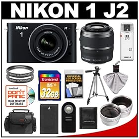 Nikon 1 J2 Digital Camera Body with 10-30mm & 30-110mm VR Lens (Black) with 32GB Card + Case + Battery + Filters + Tripod + Remote + Wide-Angle & Telephoto Lenses + Accessory Kit