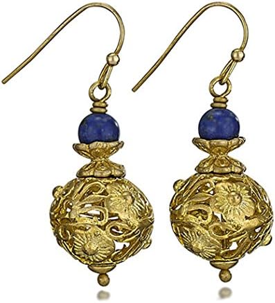 Deco Brass Filigree Ball and Blue Bead Dangle Earrings 1.5" Drop