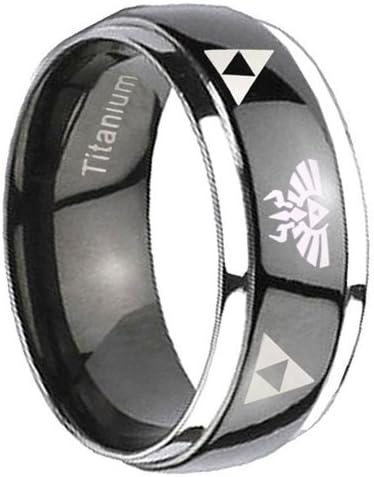 8MM Titanium Triforce & Legend of Zelda Dome Black IP Silver Edged Men's Ring Size 9