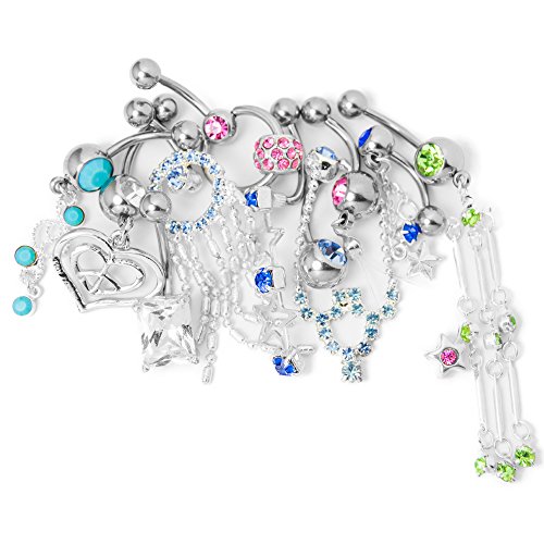 Dangle Belly Button Rings - 10 Pack Classy Dangle - 14ga 316L Surgical Steel
