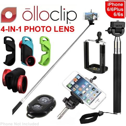 olloclip 4-in-1 Lens for iPhone 6/6s &amp; 6/6s Plus, Red Lens with Black, Light Blue and Green Pendants (OC-EU-IPH6-FW2M-RB) &amp; Noot® Extendable Selfie Stick + Selfie Bluetooth Wireless Remote Bundle