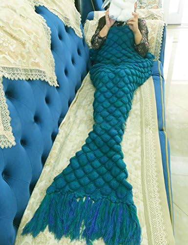 ZMG New Fish Scales Design Knitted Mermaid Tail Blanket Handmade Crochet Blanket For kids Teens Adult All Seasons Sleeping Blanket Warm Soft Snuggly Living Room, 75"x35.4" (Dark Green)