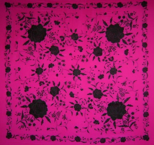 Stylish Silk Piano Shawl Pink with Black Flamenco Floral Embroidery & Fringe