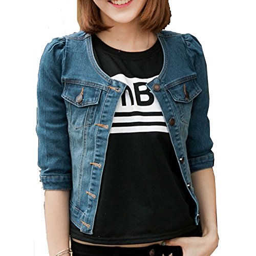 ノーカラー デニムジャケット 五分袖 ショート丈 ブルー ライトブルー ダメージ加工