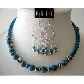 <b>Handcrafted Necklace Set Turquoise Beads w/ Bali Silver & Sterling 92.5 Earrings (BRAND NEW)</b>