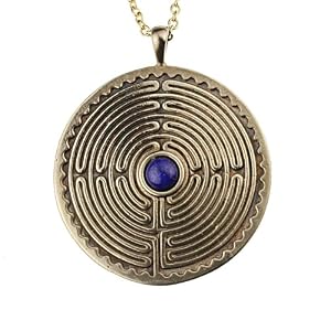 Labyrinth Peace Bronze Pendant Necklace with 6mm Lapis Lazuli Gemstone on 18