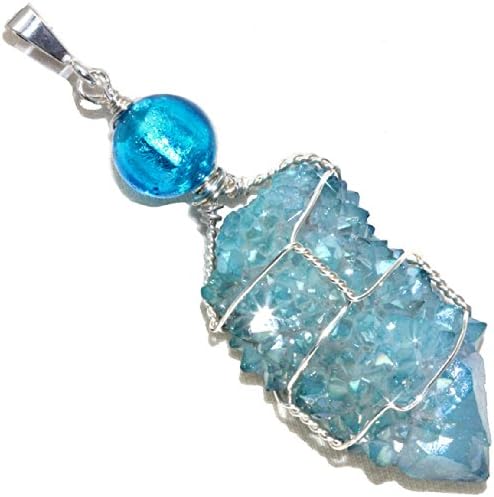 Aqua Aura Spirit Quartz Wire Wrapped Pendant in Sterling with Venetian Glass Foil Bead By Puppylove