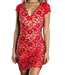 Sexy V-neck Polyester/Spandex Short Sleeves Lace Cutout Jeweled Open-Back  Fitted Plunging Neck Bodycon Dress/Mini Dress  With Rhinestones