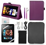 Llamamia Kindle Fire Hd 7 Leather Case Cover Bundle in Retail Packaging-leather Case + Car Charger + Cable + Bag + Screen Protector+ Stylus Pen (Purple, Kindle fire HD 7)