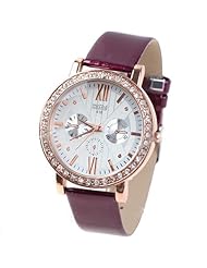 Quartz PU Leather Wrist Watch Analog Watch Timepiece with Rhinestones & 3 Sub-Dials Decor for Woman Lady - Purple SWWM4-58497