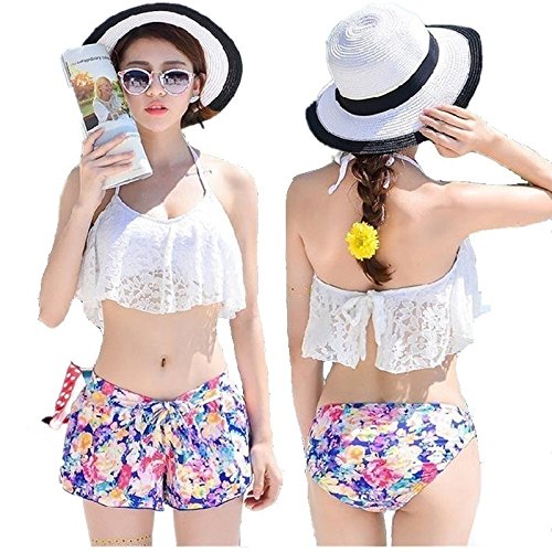2016夏大人気！水着 レディース ビキニ 花柄 バンドゥビキニ バンドゥー水着通販 フレアレース フリル 小胸もピッタリ ショートパンツ セクシー 3点セット プチプラ 大人 女の子 ママ水着