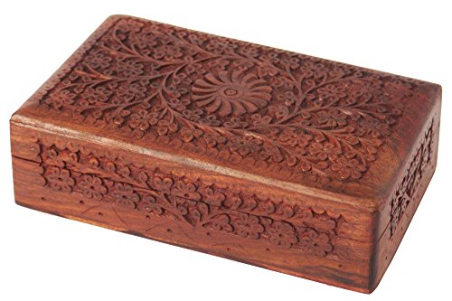 Store Indya Exotic Hand Carved Wooden Jewelry Trinket Box Keepsake Storage Organizer with Floral Patterns