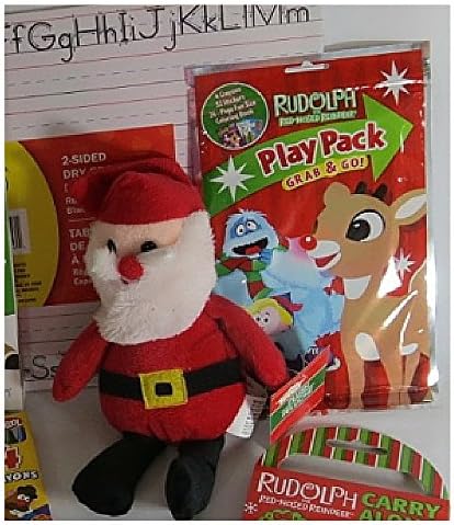 Christmas Toy Set with Mini Christmas Stocking, Toy Santa,Coloring Book, Rudolph Board Book and Giant Candy Cane. Stocking Stuffers, Party Favors,Travel Pack
