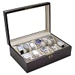 Vintage Dark Walnut Wood Color Glass Clear Top Watch Display Storage Case Chest Holds 10+ Watches With Soft Adjustable Pillows And High Clearance For Large Watches.