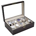 Vintage Dark Walnut Wood Color Glass Clear Top Watch Display Storage Case Chest Holds 10+ Watches With Soft Adjustable Pillows And High Clearance For Large Watches.