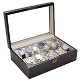 Vintage Dark Walnut Wood Color Glass Clear Top Watch Display Storage Case Chest Holds 10+ Watches With Soft Adjustable Pillows And High Clearance For Large Watches.